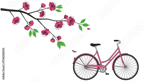 Flat vector of a bicycle leaning against a blooming cherry branch