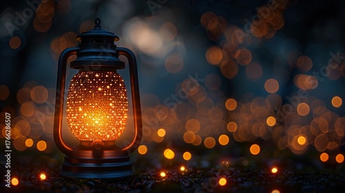 Traditional Oriental Lantern with Glowing Bokeh Lights in Background