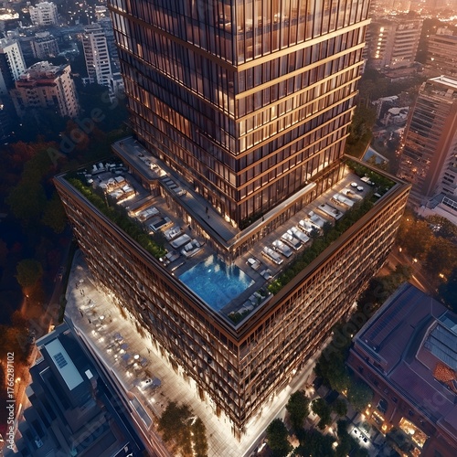 Rooftop Pool and Lounge atop Modern Skyscraper at Night, Citysca