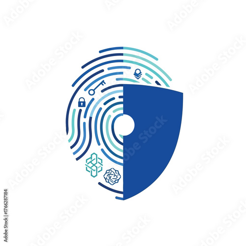 Futuristic cybersecurity concept with a biometric fingerprint integrated into a protective shield, symbolizing digital identity and data security