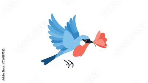 Flat vector of a small bird holding a fresh petal in its beak