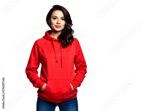 Smiling woman with long curly hair wears a red hoodie and jeans against a black background