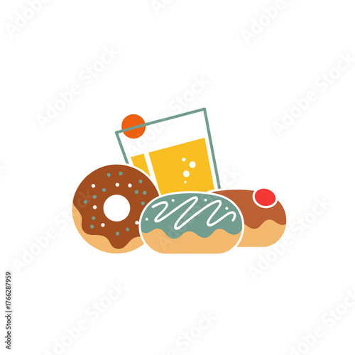 Assorted donuts and refreshing drink on white background  