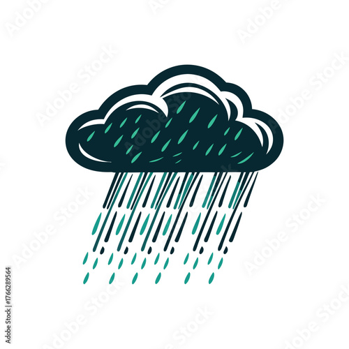 Stylized Dark Cloud with Rain Illustration A sky gray cloud hovers over a city street on a dove background