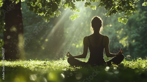 back of calm woman meditating beneath canopy of leaves in green forest light rays illuminating her aura peaceful pose symbolizing inner balance serenity and emotional healing