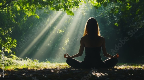 back of calm woman meditating beneath canopy of leaves in green forest light rays illuminating her aura peaceful pose symbolizing inner balance serenity and emotional healing