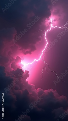 A dramatic surreal sky of dark black and pink storm clouds with electric lightning bolts piercing through — concept of power, chaos, and beauty.
