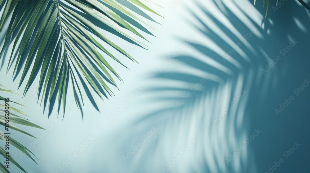 Fototapeta premium soft blurred palm leaf shadows cast on pastel blue wall minimal clean background with tropical light ambiance modern setting for summer product showcase