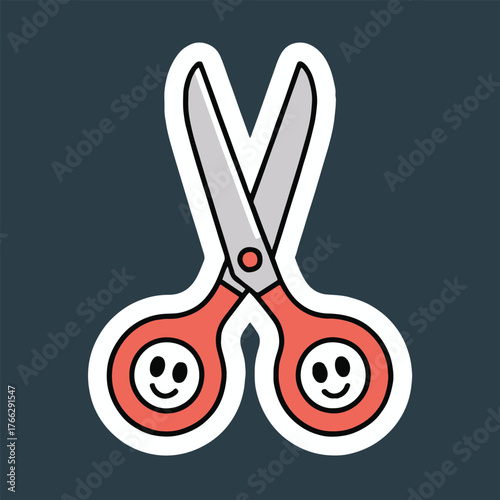 Cartoon scissors with smiley faces on the handles isolated on a dark background sticker style