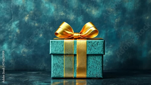 A teal gift box adorned with a golden ribbon and bow against an abstract teal textured backdrop