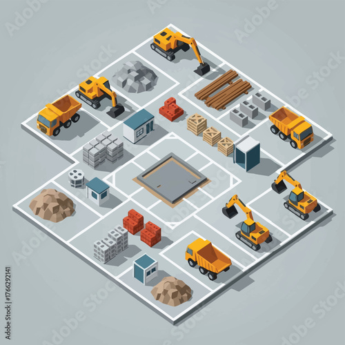 Isometric illustration showcasing construction site elements, including trucks, excavators, building materials, and architectural planning on a grid.