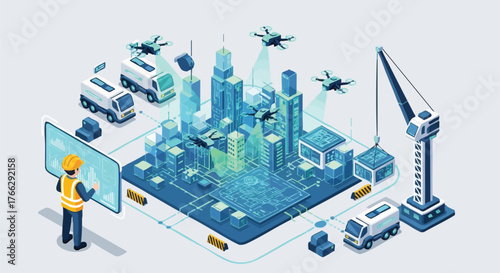 An isometric illustration depicts a construction worker overseeing a smart city project, utilizing drones and digital interfaces for urban development.