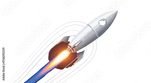 Rocket ship blasting off into space with trails in a starry night sky background