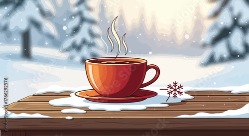 Steaming coffee cup on snowy wooden table with winter forest background view