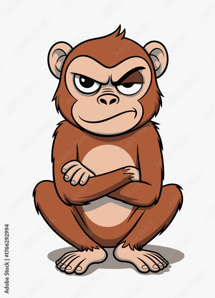 Naklejka premium A stylized cartoon monkey, with a sarcastic, unprepared expression, a raised eyebrow and a slight smile, sits with comfortable confidence, arms folded horizontally.