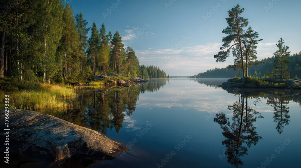 Obraz premium Serene lake reflects lush forest and lone pine tree under blue sky
