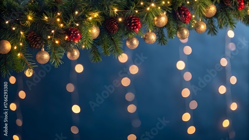 Holiday illumination and decoration concept - christmas garland bokeh lights over dark blue background.