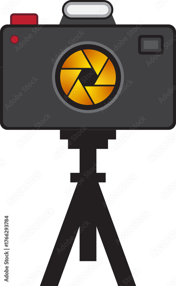 Obraz premium Camera with Tripod Illustration, Golden Aperture Lens
