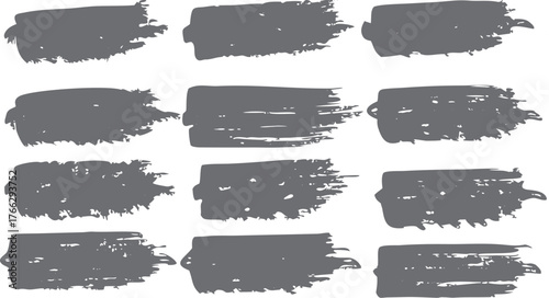 Black ink paint splashes and grunge brush stroke elements form a vector banner design set with a dirty texture frame