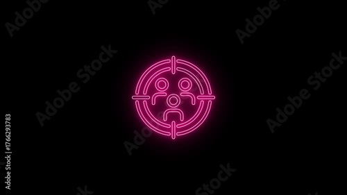 Pink Neon Target Symbol with Three People Icons on Black Background audience