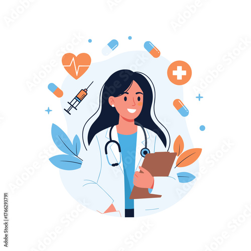 Smiling Female Doctor with Medical Tools Illustration