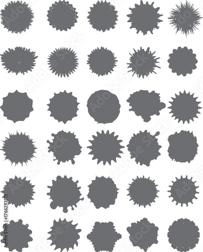 Black ink blots and splashes vector illustration set with blank green glossy circle price stickers, sale web button icon, and star shape tag symbol design elements