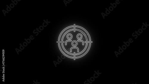 White Neon Target Symbol with Three People Icons on Black Background audience