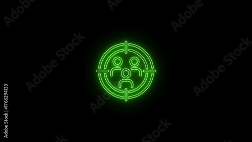 Green Neon Target Symbol with Three People Icons on Black Background audience