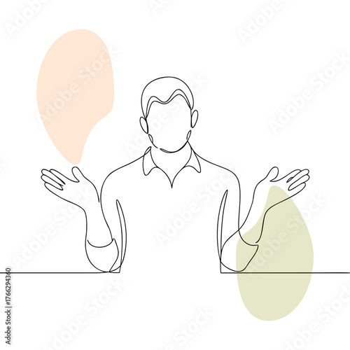 Confused Man Shrugging Single Continuous Line Art Illustration with Abstract Shapes Symbolizing Uncertainty or Questioning a Minimalist Design for Visual Communication Concepts