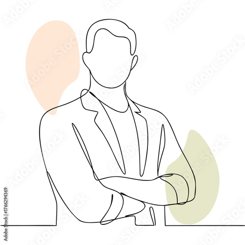 Confident businessman in single continuous line art with arms crossed standing with poise and style symbolizing success and achievement on a clean backdrop