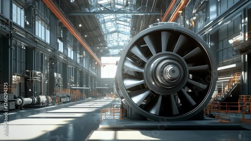 Large industrial facility showcasing advanced turbines and machinery for aircraft engines in bright daylight
