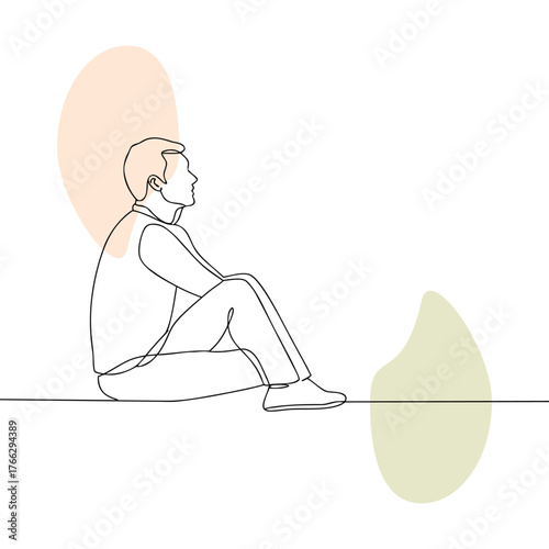 Contemplative man in single line art thinking about the future and his dreams while sitting alone in a quiet room with soft color accents