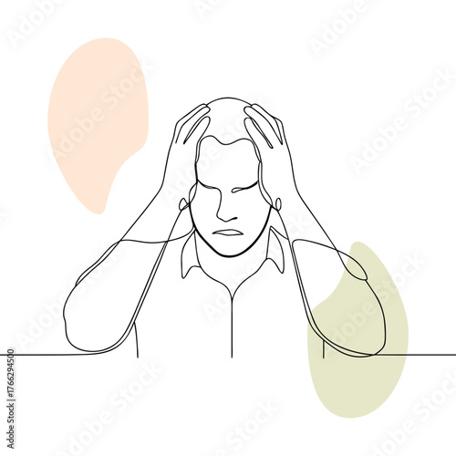 Continuous Line Art of Stressed Man Suffering From Headache with Neutral Shape Backgrounds Expressing Anxiety and Mental Health Problems Isolated on White Canvas