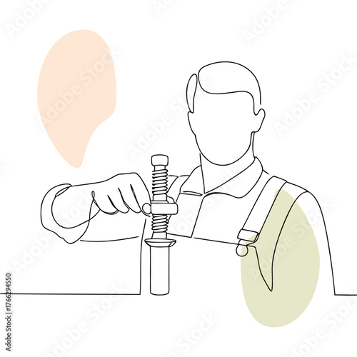 Continuous Line Drawing of a Handyman Adjusting a Screw Minimalist Illustration for Construction and Repair Services with Abstract Shapes Modern and Clean Design