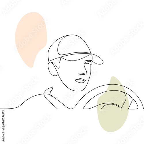 Continuous Line Drawing of a Man Driving with Cap and Steering Wheel in Simple Minimalist Style with Abstract Shapes Around For Modern Art and Design