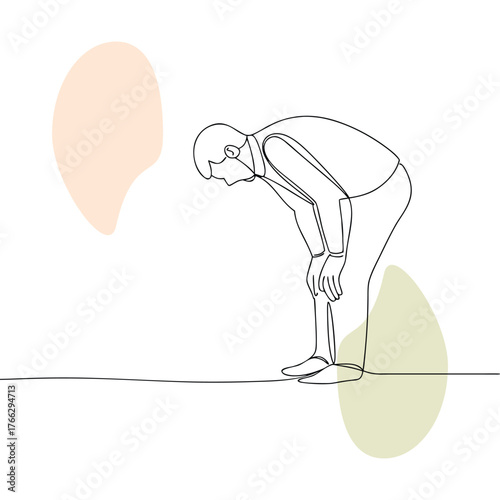 Continuous line drawing of a man with back pain standing with his hands on his knees minimalist vector illustration for healthcare and wellness themed designs showcasing discomfort