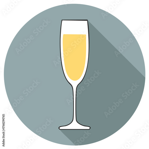 Flat design illustration of a champagne flute filled with golden liquid and a long shadow