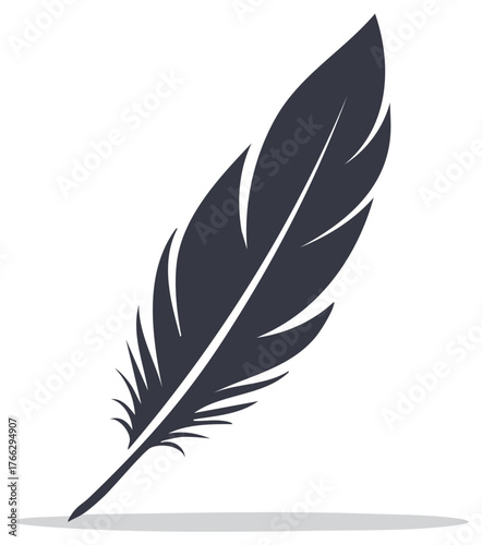 Isolated illustration of a single dark quill pen with feathers, writer symbol and drawing element.