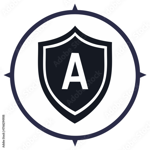Shield with Letter A in Circle with Compass Points, Security, Protection, Icon, Logo