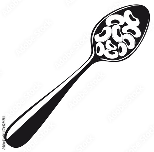 Black and white illustration of a spoon filled with beans