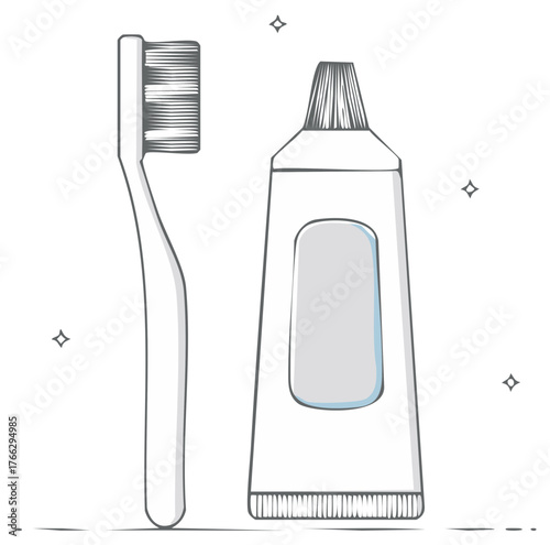 Toothbrush and toothpaste tube vector illustration for promoting oral hygiene practices and healthcare products line art style