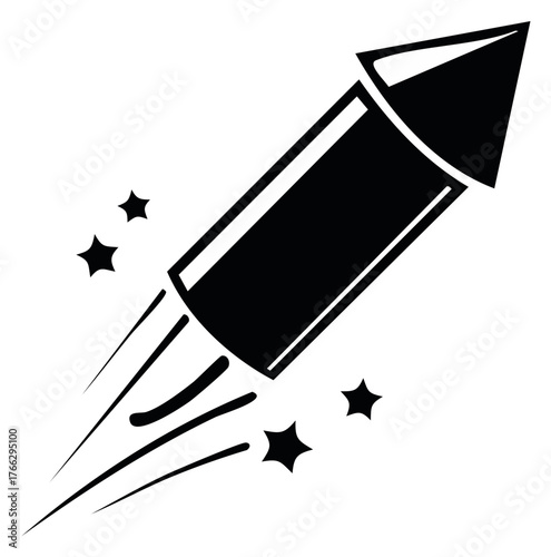 Stylized black rocket flying upwards with motion trails and stars