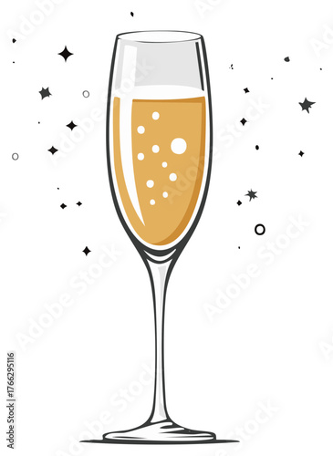 Elegant Champagne Flute with Golden Sparkling Wine Bubbles and Festive Stars Illustration