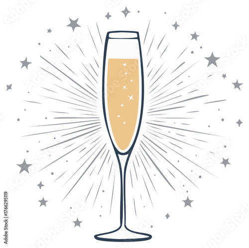 Festive champagne glass with sparkling wine bubbles against a retro starburst and stars for a celebration