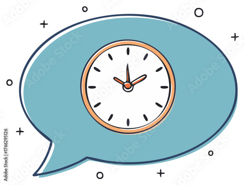 Illustration of a clock inside a speech bubble. Concept of time, planning, deadline