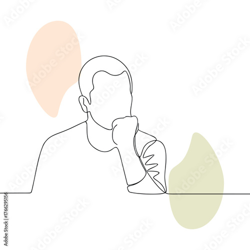 Continuous line drawing of a thoughtful man with hand on chin surrounded by abstract pastel shapes representing introspection and creative thought generation for digital design and minimalist art