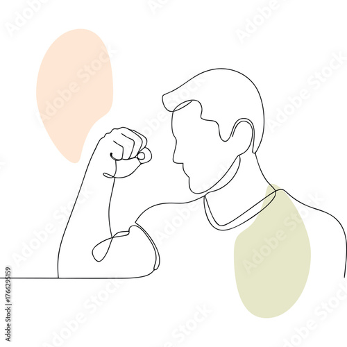 Continuous line drawing of a strong man flexing his biceps a single line portrait highlighting fitness health and human strength with organic background shapes