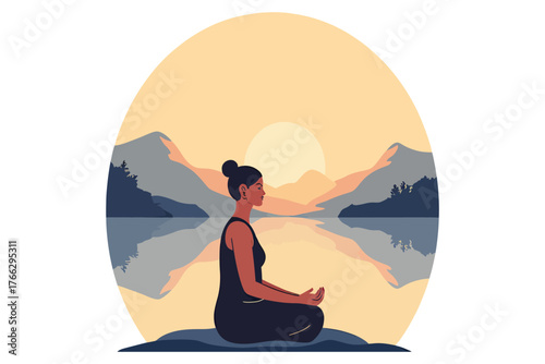 A silhouette-like figure of a woman with her hair in a bun is shown in profile, sitting in a meditative yoga pose (Padmasana), with her hands resting in a mudra.