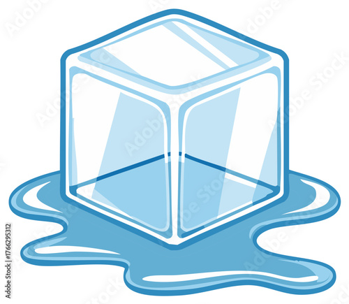 Blue transparent ice cube melting into water puddle vector illustration