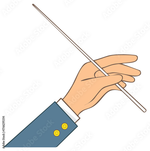 Hand in suit holding a conductor's baton, graphic illustration